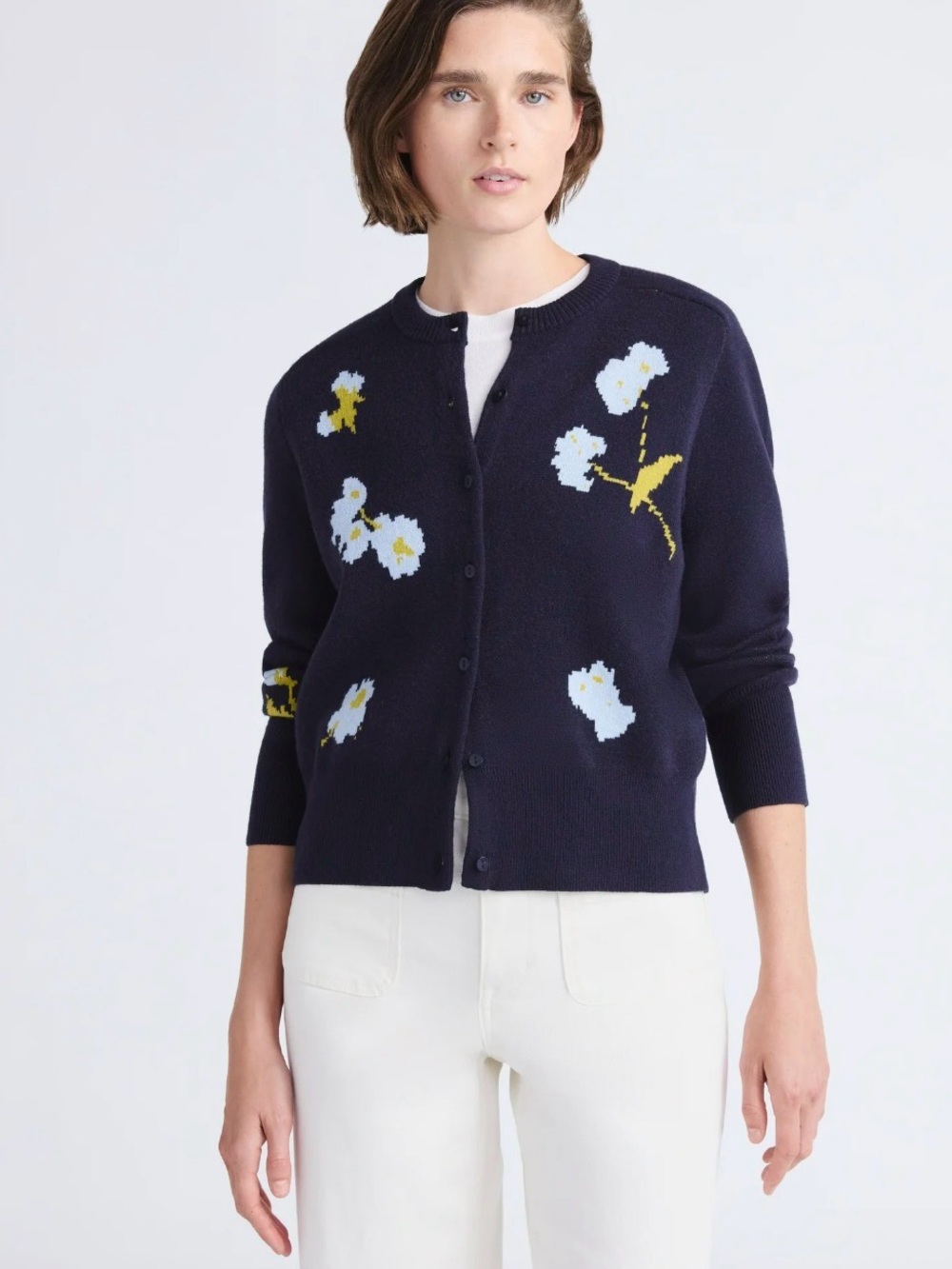 Free Assembly Navy Blue Floral Jacquard Cardigan Sweater Midweight Women XS